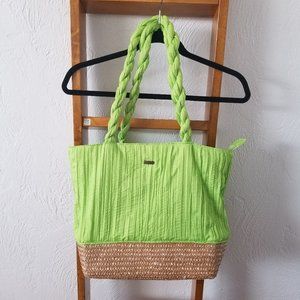 Sun N Sand Beach/Summer Tote Bag Straw and Neon Green